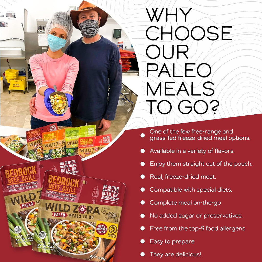 Wild Zora Paleo Freeze Dried Meals for Backpacking & Camping - Healthy Gluten Free & Grain Free Camping Meals/Backpacking Food + No Added Sugar - Great for Travel (Bedrock Beef Chili 2-pack)