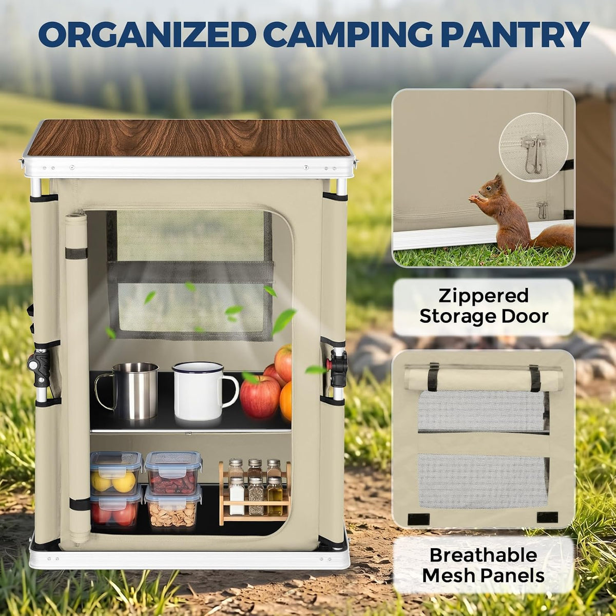 EAGLE PEAK Outdoor Folding Camping Table with Large 3-Tier Storage Organizer and Side Pockets, Easy Set Up Portable Aluminum Camping Kitchen, Beige