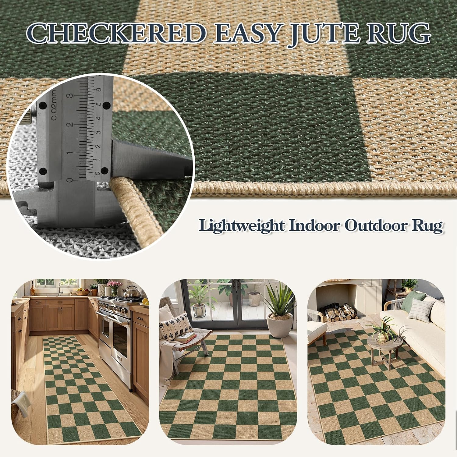 Lahome Checkered Easy Jute Kitchen Runner Rug, 2x8 Outdoor Rugs Washable