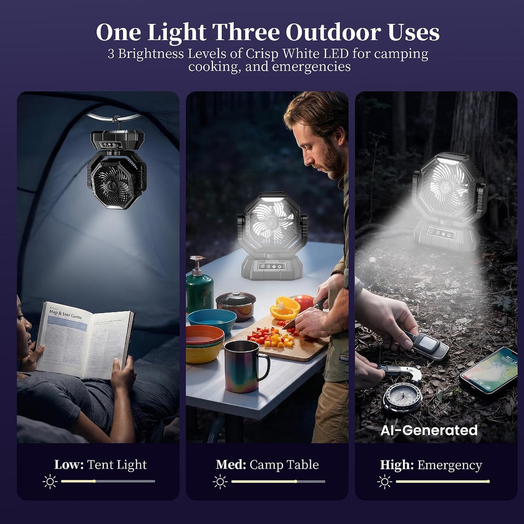 AJVV Camping Fan with Light, Remote and Oscillation, Battery Powered Hanging Tent Fan, Rechargeable Portable for Camp, Outdoor, Emergencies, Fishing, RV Travel, Jobsite