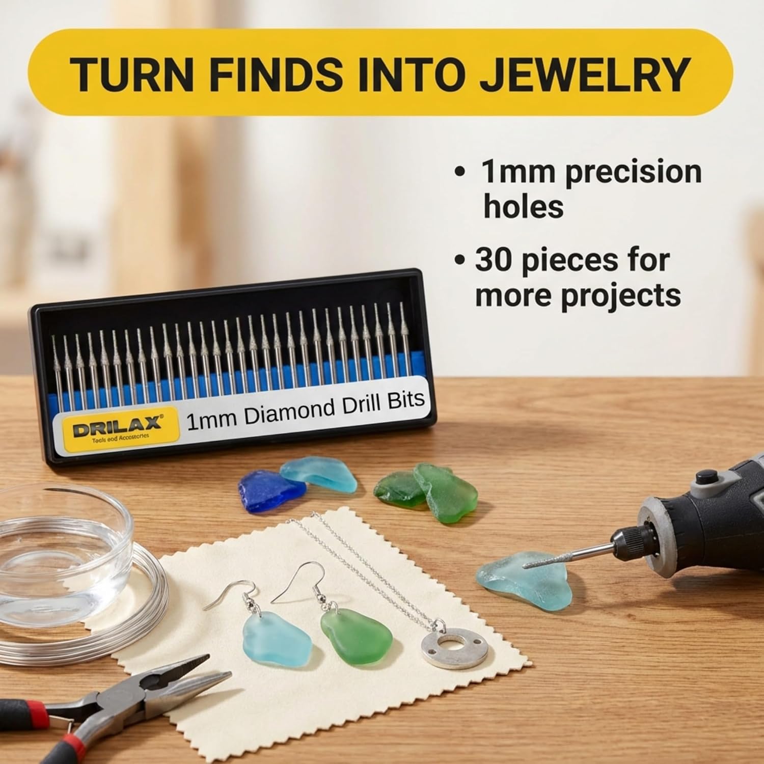 Drilax 30-Piece 1mm Diamond Drill Bits Set – 1/8 Shank Compatible with Dremel Rotary Tools – Precision Diamond Dremel Bits for Jewelry Making, Stone, Glass, Ceramic, Sea Glass, & Gemstones