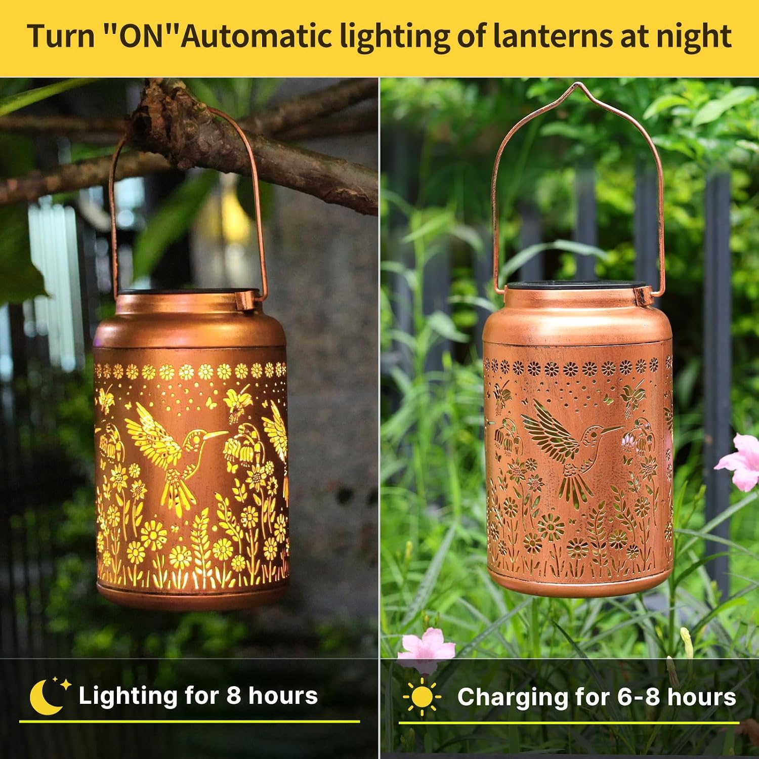 2Pack Hummingbird Solar Lanterns Outdoor Waterproof Lantern Garden Decor Gifts for Women Mom Grandma Hanging Solar Lights Metal Decoration Outside for Yard, Patio,Porch,Tabletop,Pathway