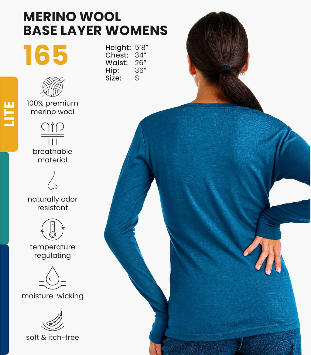 100% Merino Wool Base Layer Women - Long Sleeve Thermal Shirt with Socks