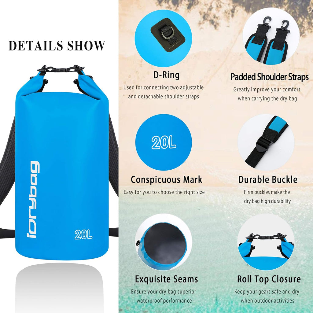 IDRYBAG Dry Bag for Kayaking Waterproof 2L/5L/10L/15L/20L, Small Dry Sack Waterproof Bag for Boating