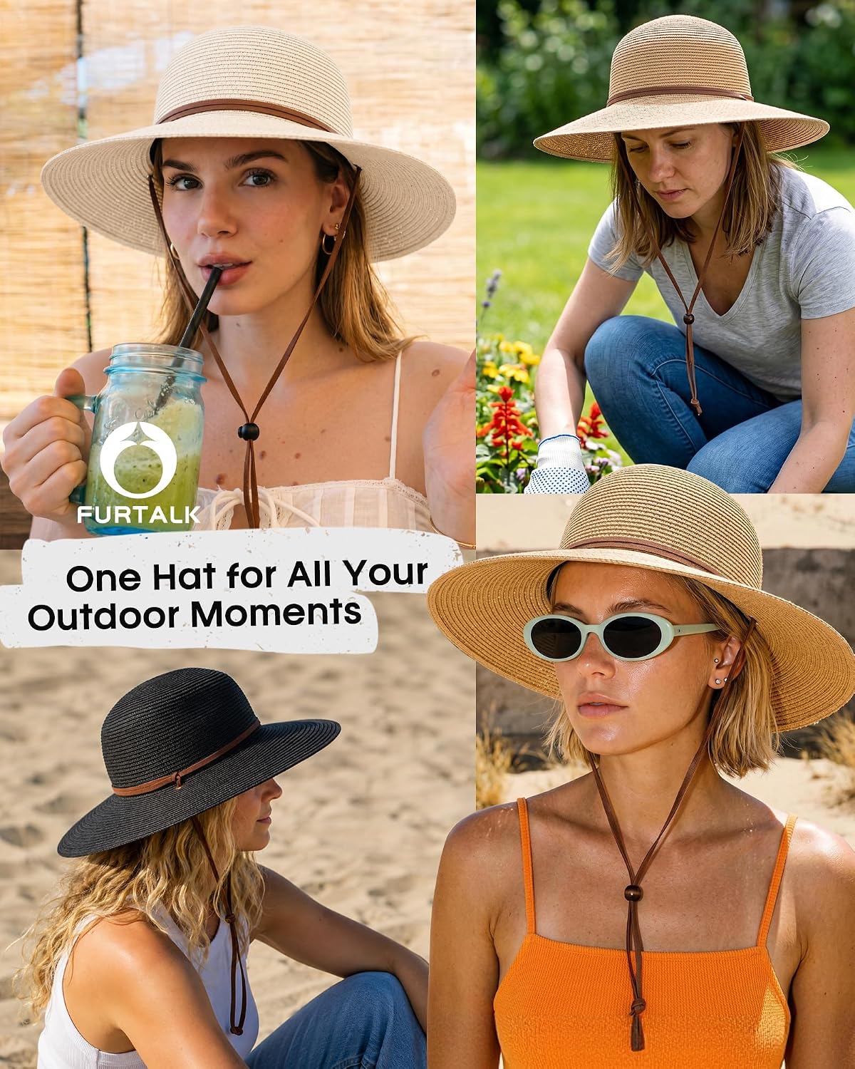 FURTALK Womens Wide Brim Sun Hat with Wind Lanyard UPF Summer Straw Sun Hats for Women