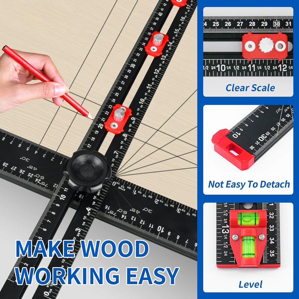4-in-1 Drilling Positioning Ruler, Multi-Function T-Square，Adjustable 14 inches/35 cm, Woodworking Marking Tool, Cabinet Hole Drilling Template for Precise Drilling Angle Measurement and Marking