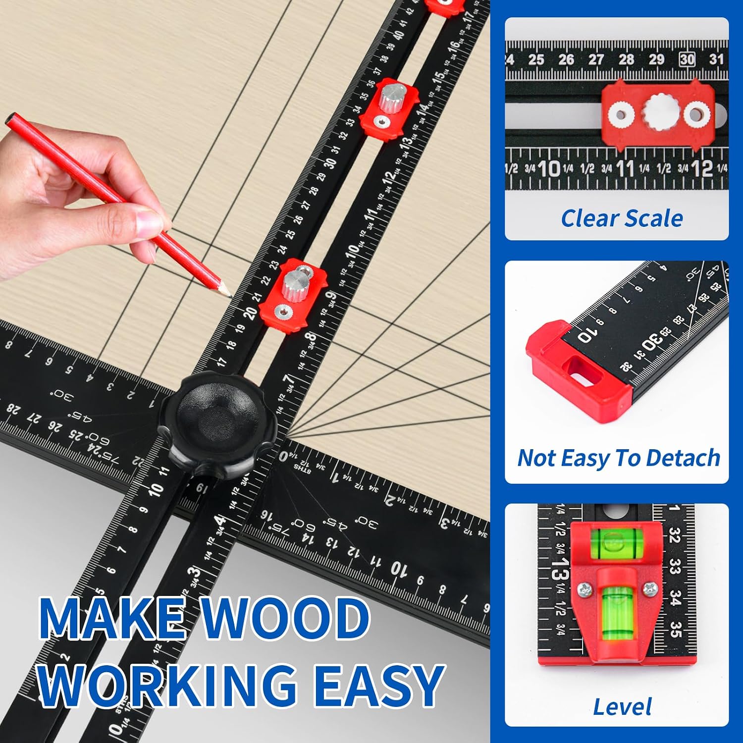 4-in-1 Drilling Positioning Ruler, Multi-Function T-Square，Adjustable 14 inches/35 cm, Woodworking Marking Tool, Cabinet Hole Drilling Template for Precise Drilling Angle Measurement and Marking