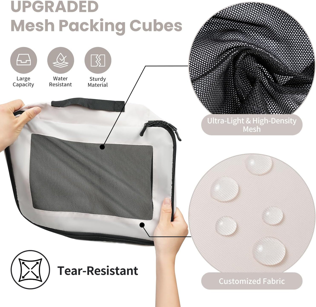 Mesh Packing Cubes for Travel, Durable Luggage Organizer with Sturdy Material and Double Zippers, Comprehensive Set for Travel Accessories Storage, 10 set, cream