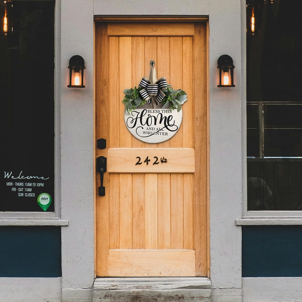 Welcome Sign for Front Door, Rustic Round Wood Wreaths Wall Hanging Outdoor Decor, Porch Fence Decorations Hanging Gift for Home Outdoor for Spring Summer Fall All Seasons Holiday, Bless This Home