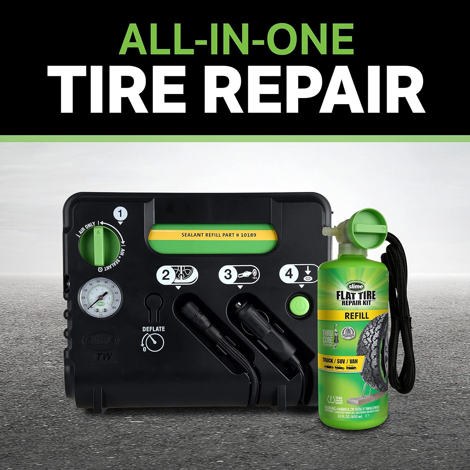 Slime 50139 Flat Tire Puncture Emergency Kit, Includes Sealant and Tire Inflator Pump, Analog, Suitable for Cars and Other Highway Vehicles, 10 Min Fix