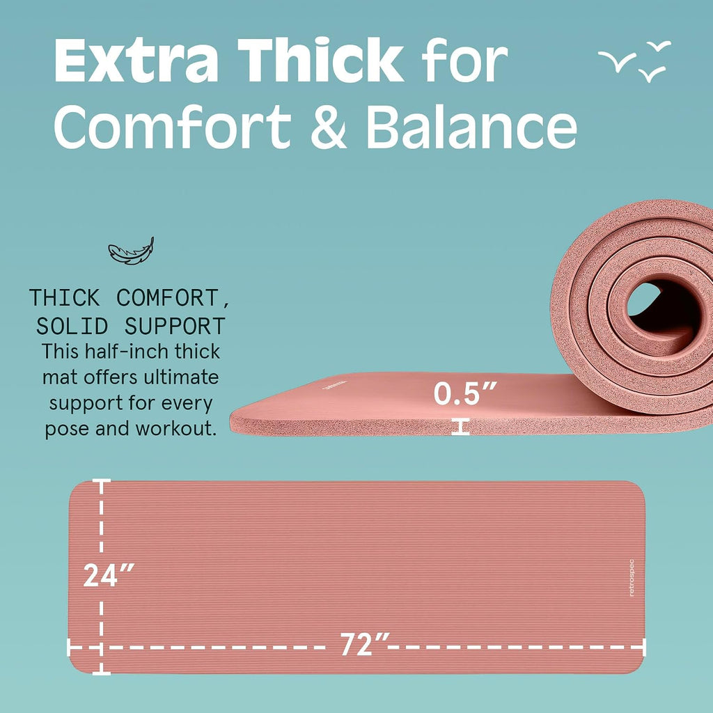 Retrospec Solana Yoga Mat Thick 1/2in Non-Slip Workout Mat with Nylon Strap - 72x24in Exercise Mat for Pilates, Stretching & Fitness - BPA Free, Easy Clean