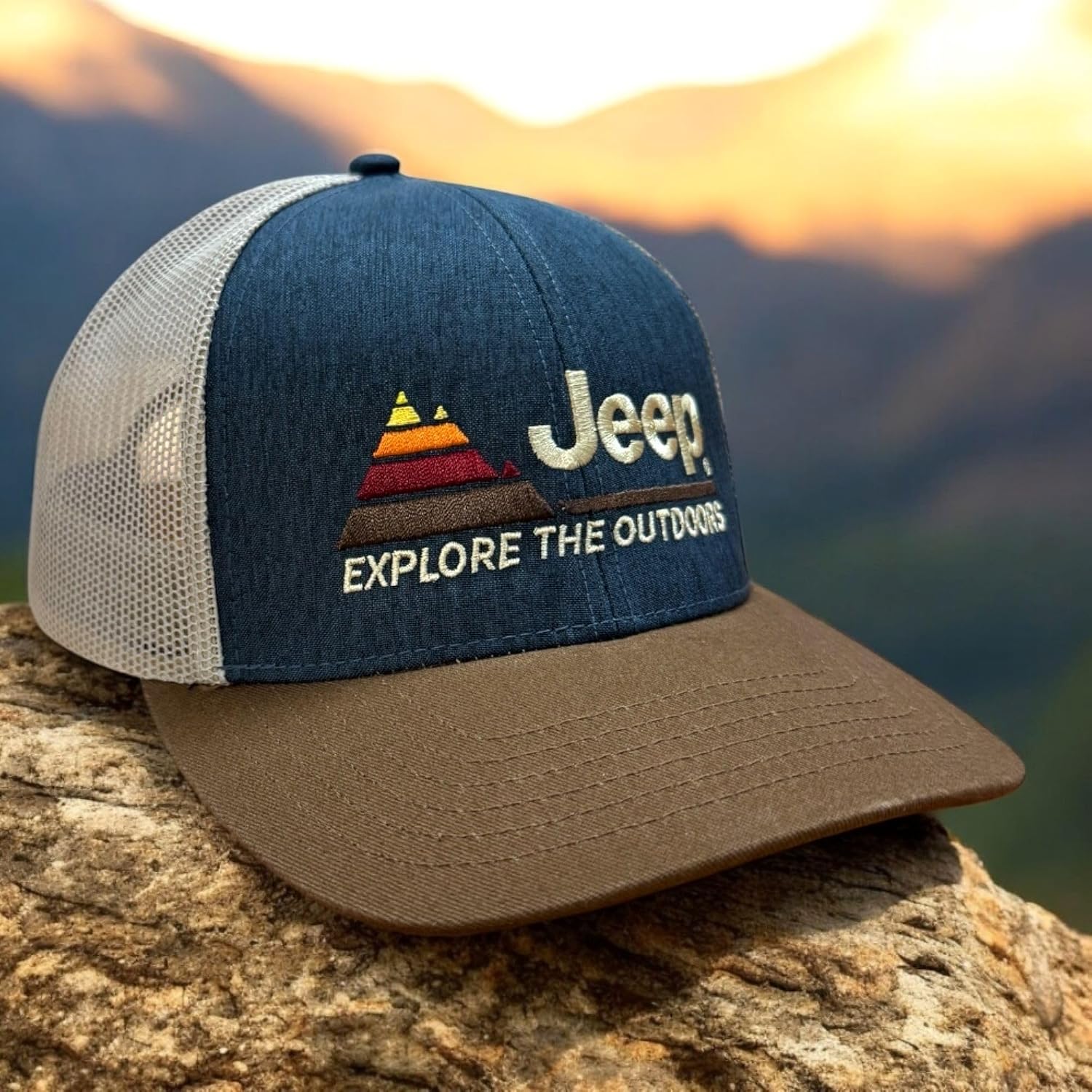 Jeep Explore The Outdoors Trucker Hat – Embroidered Logo, Snapback Closure, Mesh Back
