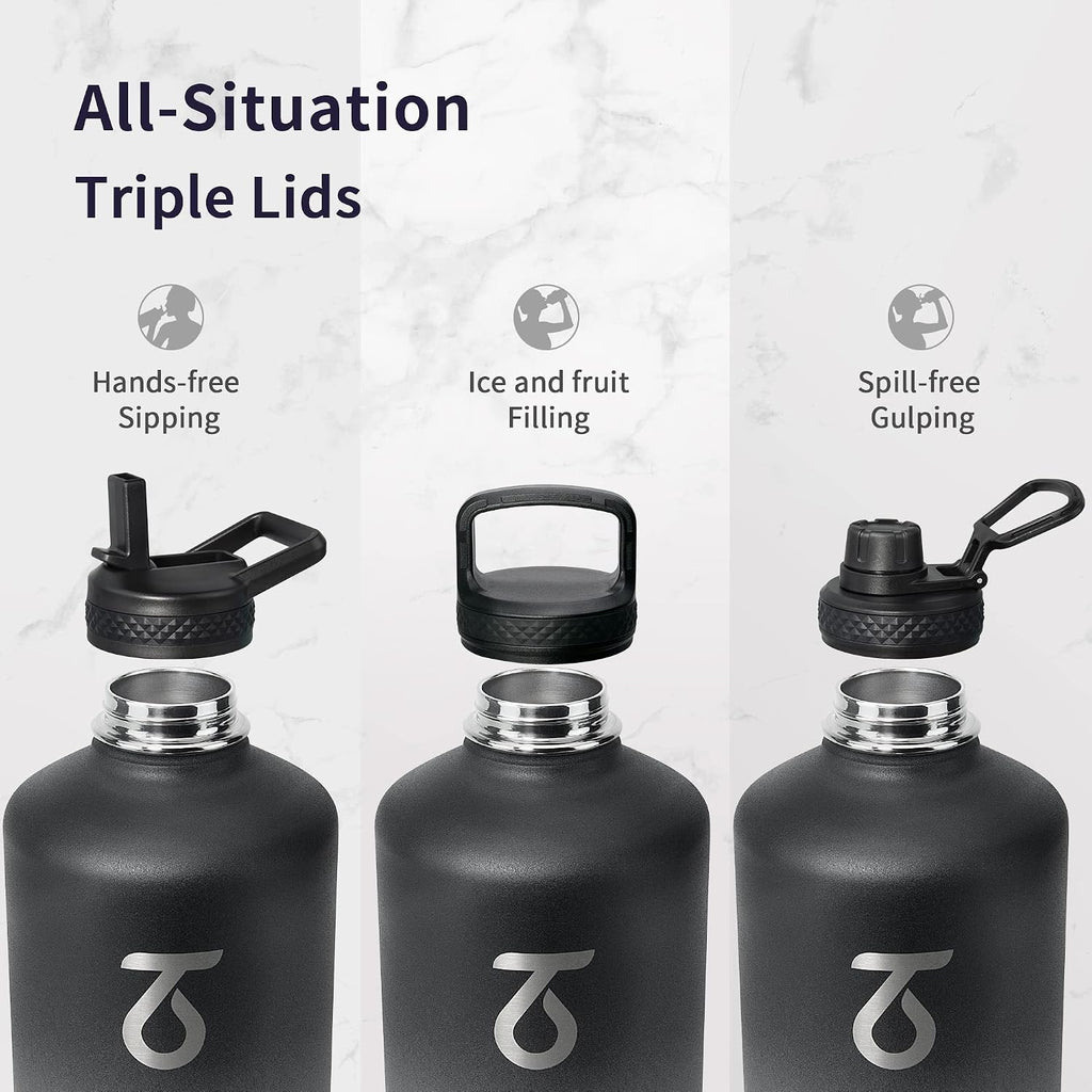 Trebo One Gallon Water Bottle Insulated with 3 Lids, Paracord Handle & Bag