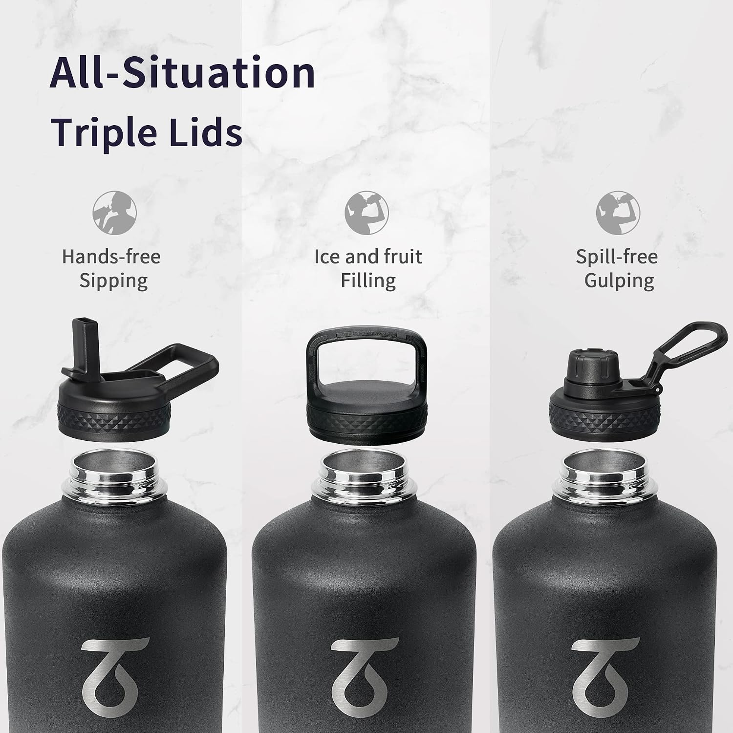 Trebo One Gallon Water Bottle Insulated with 3 Lids, Paracord Handle & Bag