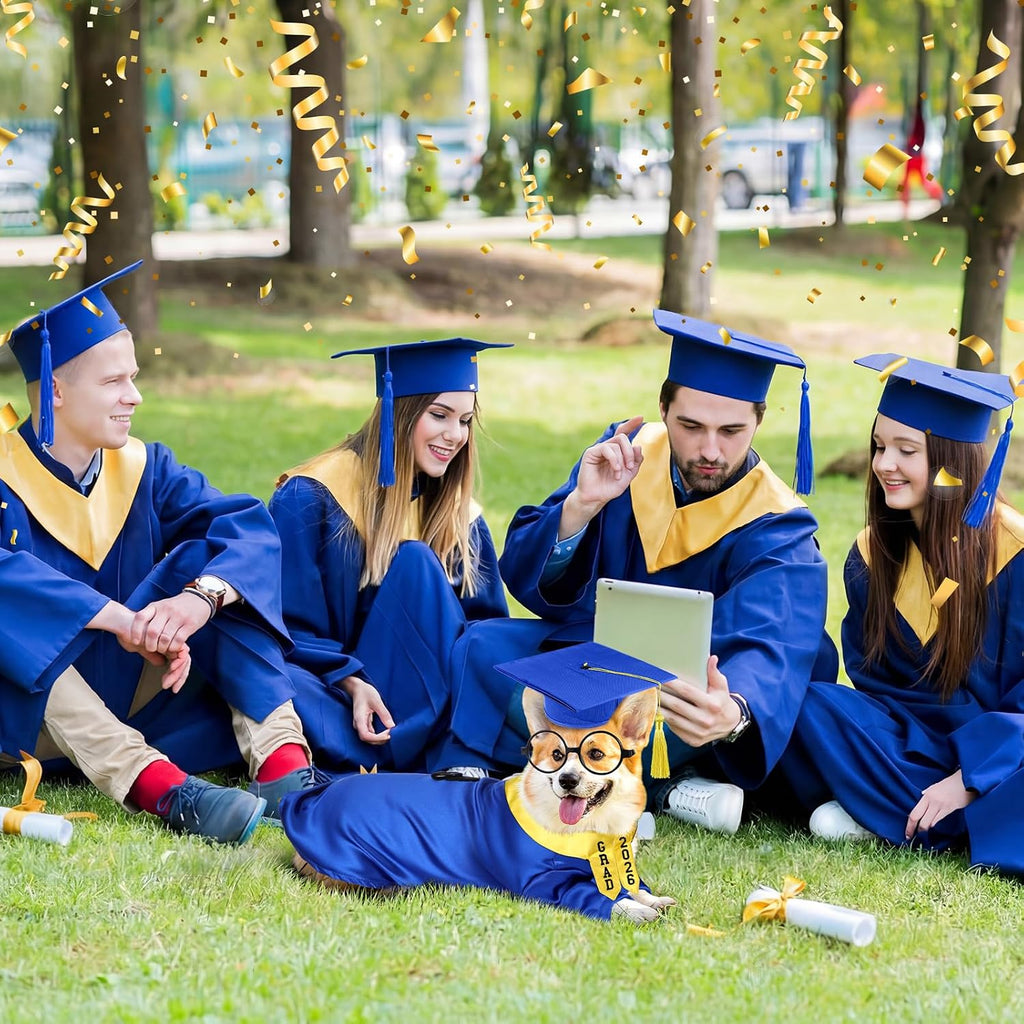 Huhumy 5 Pcs Dog Graduation Costume Set Include 2026 Pet Graduation Gown with Stole Puppy Grad Cap Lensless Glasses DIY Letter Stickers for Dogs Cats Holiday Costume Accessory(Blue Yellow,S)