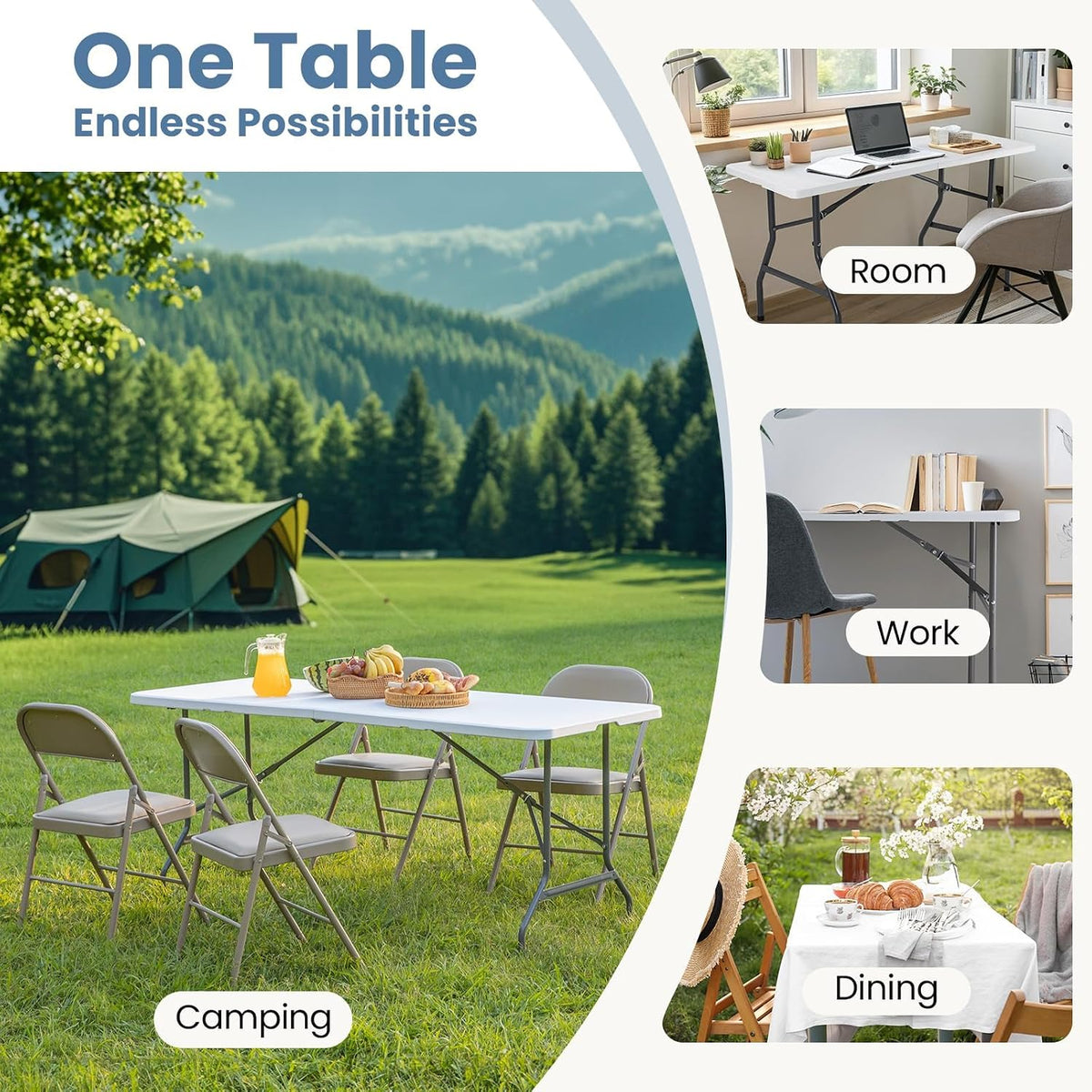 DUMOS 4 FT Folding Picnic Table, Portable Plastic Table, Easy to Keep