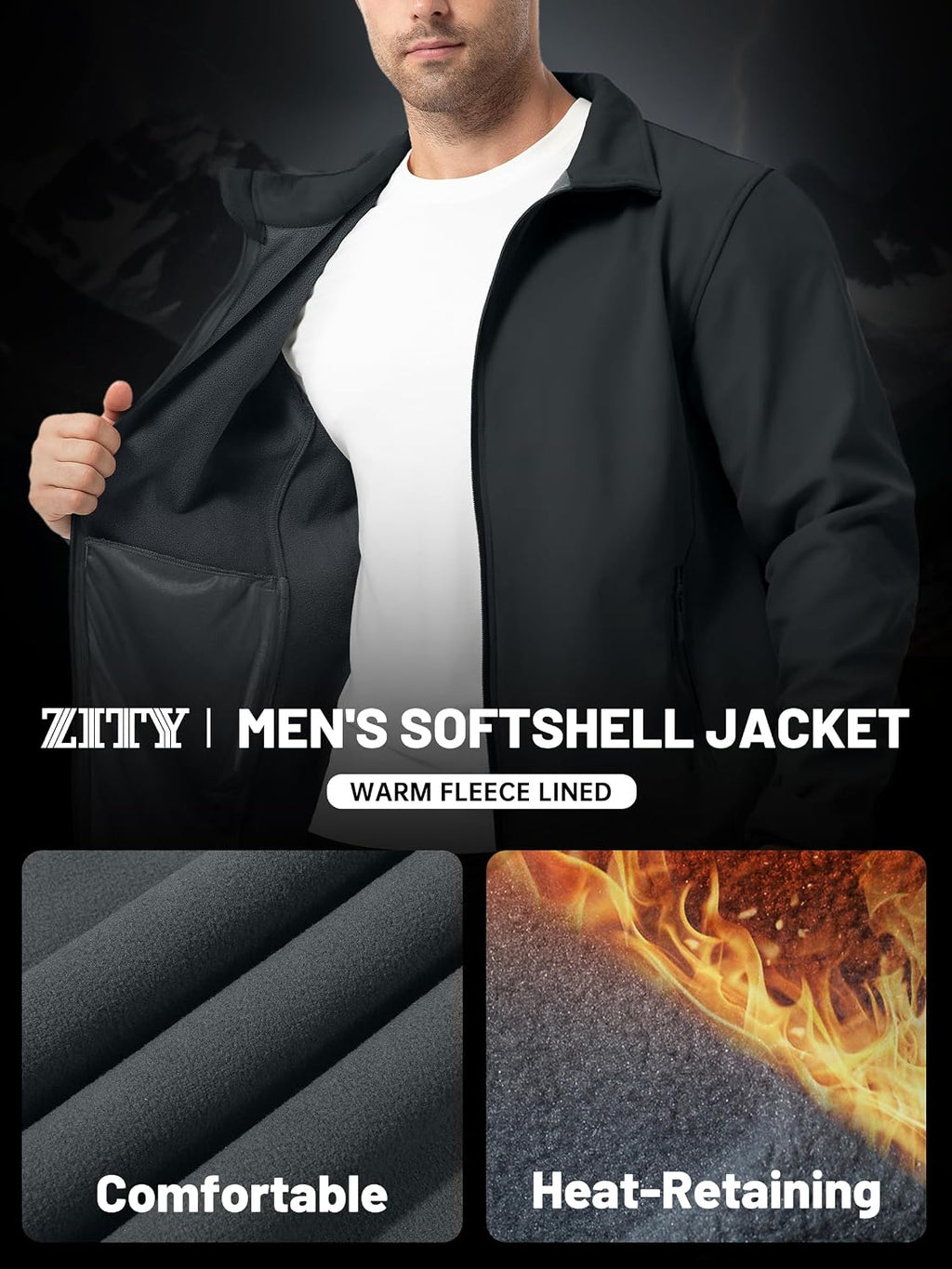 ZITY Men's Softshell Jacket Fleece Lined Lightweight Waterproof Rain Jacket Zip Up Soft Shell Windproof Windbreaker