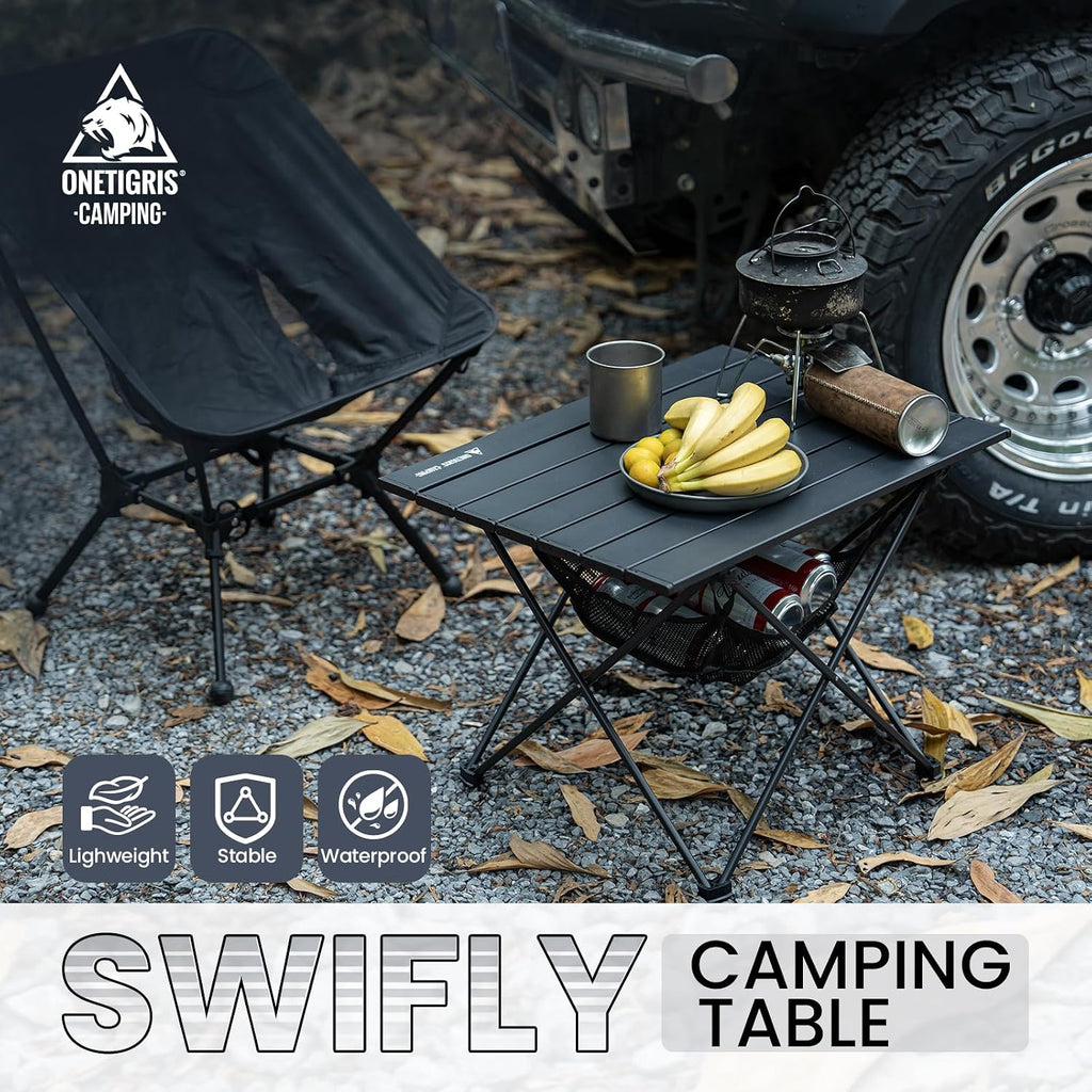 ONETIGRIS Portable Camping Table, Lightweight Beach Table with Storage Net & Carry Bag, Camping Side Table for Outdoor Cooking, Hiking, Fishing, Picnic, Travel