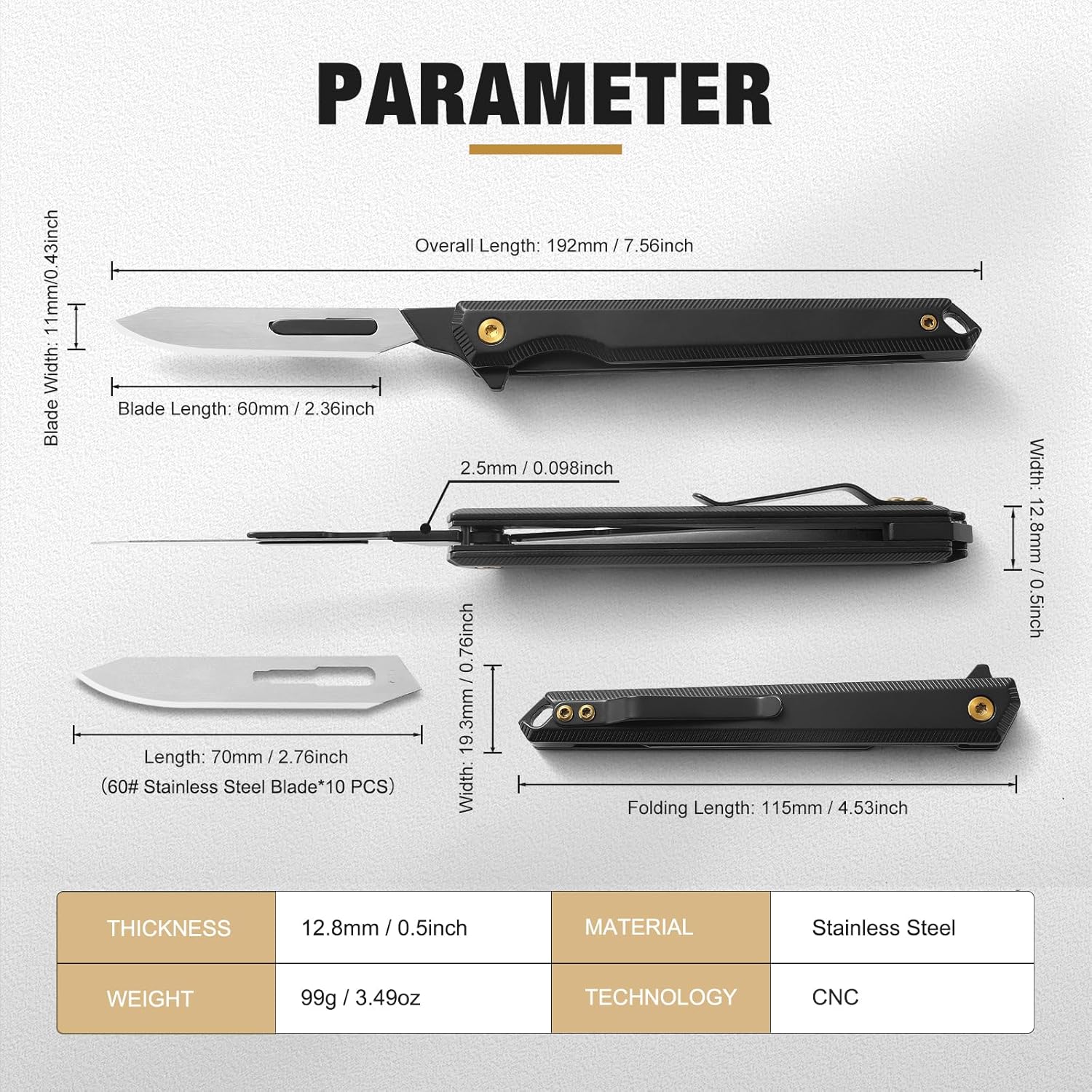 Folding Scalpel Knife, Mini Slim Pocket Knife with 10pcs #60 Scalpels Replaceable Blades, EDC Utility Knife with Liner Lock, Pocket Clip, Ideal Gifts for Men and Women（Black）