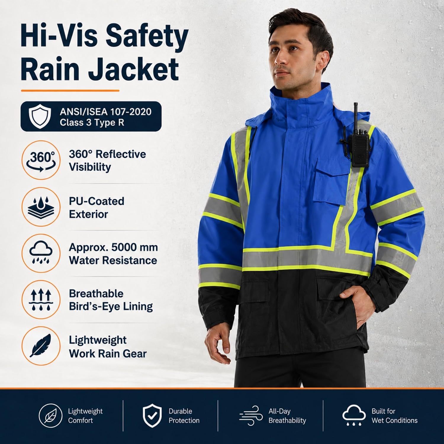 SKSAFETY Hi Vis Safety Rain Jacket for Men, Construction Work Rain Gear Heavy Duty Class 3 Rain Coat Waterproof Lightweight