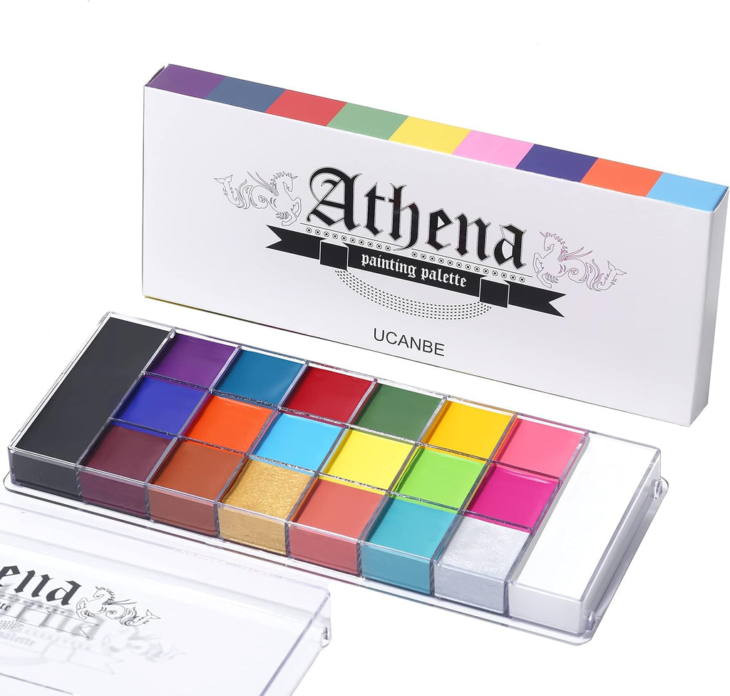 UCANBE Athena Face Body Paint Oil Makeup Set, 20 Colors FX Halloween Party Painting with Stainless Steel Mixing Palette and Spatula Tool,10 pcs Artist Paintbrushes,Tattoo Stencil Arts Crafts kit