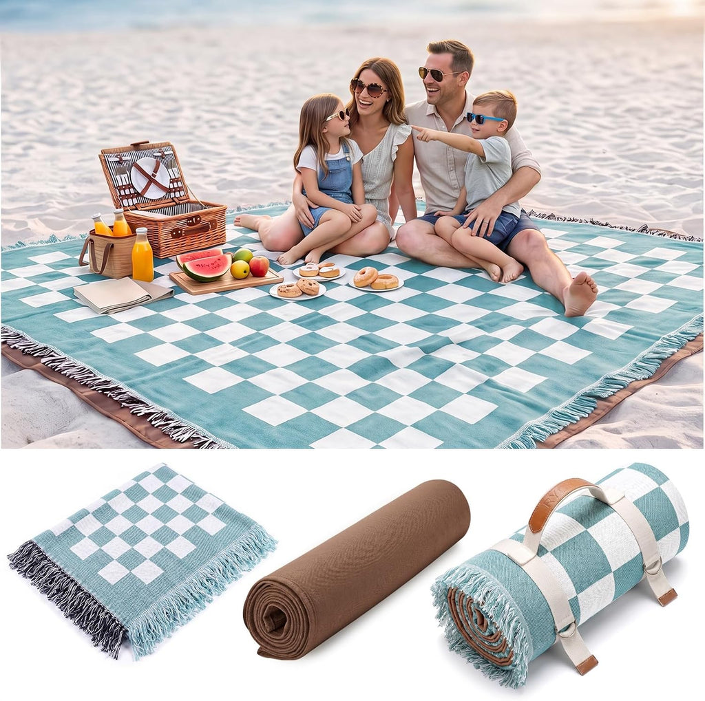 RYCHIC 2 in 1 Extra Large Boho Beach Blanket Towel Picnic Rug Camp Mat Family Trip Essentials Summer Vacation Must Have Travel Accessories Lake Day Necessities Thing Need Gear Gift Item Gadget 2026