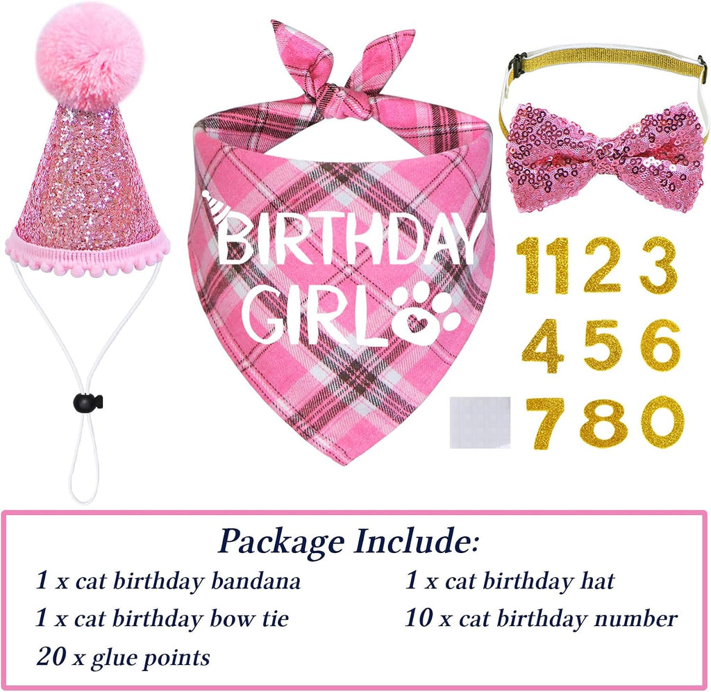 STMK Cat Birthday Party Supplies, Cat Birthday Hat with Number Cat Birthday Bandana Girl Bow Tie Collar for Cats Kittens Birthday Decorations