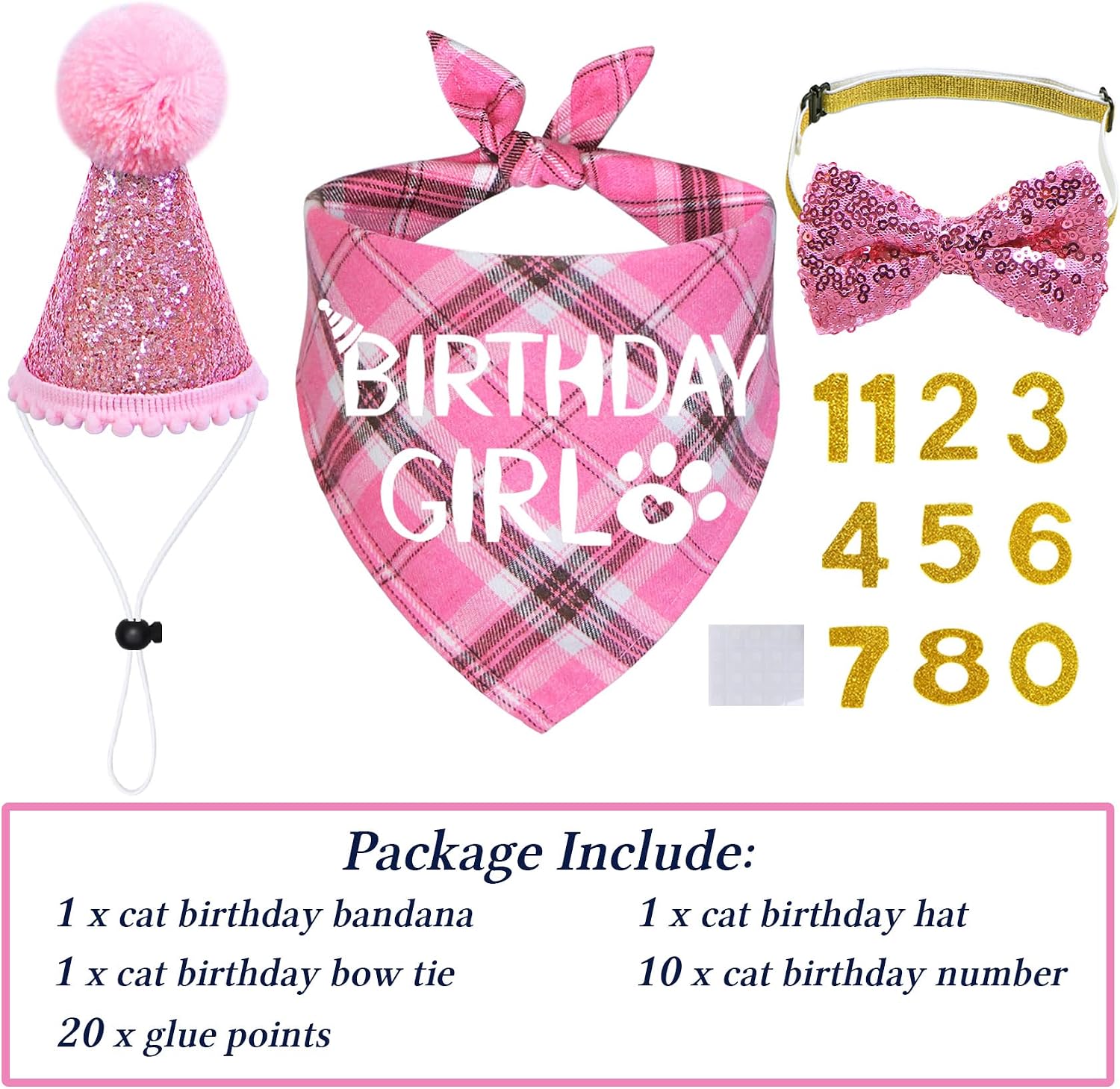 STMK Cat Birthday Party Supplies, Cat Birthday Hat with Number Cat Birthday Bandana Girl Bow Tie Collar for Cats Kittens Birthday Decorations