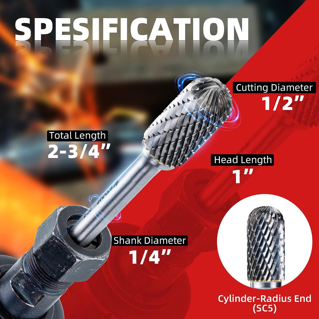 EZARC Tungsten Carbide Rotary Burr Set, 5PCS SC-5 Double Cut, 1/4" Shank