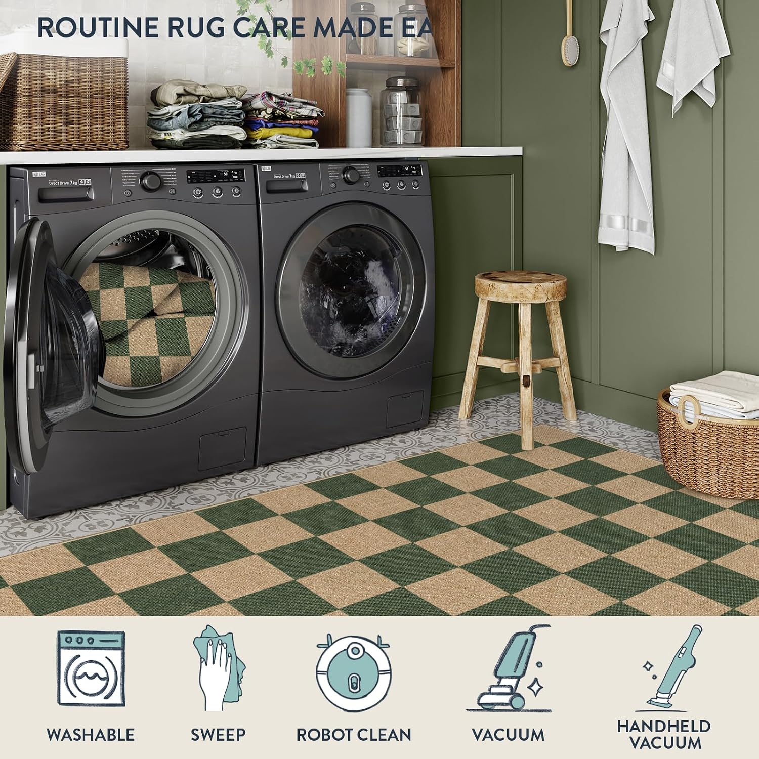 Lahome Checkered Easy Jute Kitchen Runner Rug, 2x8 Outdoor Rugs Washable