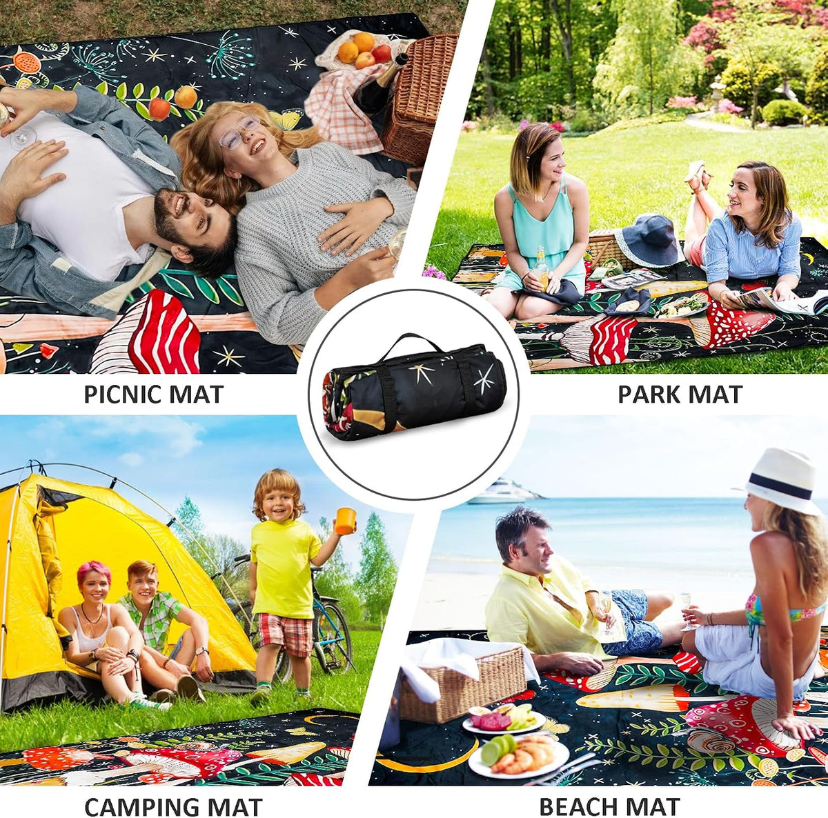 Mushroom Picnic Blankets Waterproof Foldable Picnic Outdoor Blanket 80"x 60" Picnic Mat 3-Layer Thicking Outdoor Foldable Blankets Sandproof Lightweight Beach Blankets with Strap Machine Washable