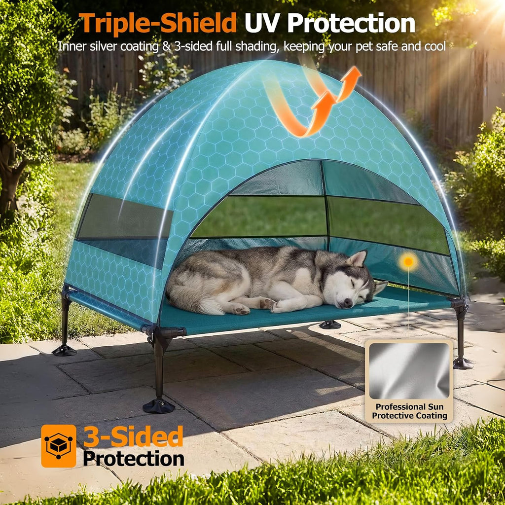 Elevated Dog Bed with UV-Proof Canopy, Outdoor Dog Tent with Powerful Adjustable Feet, Portable Pet Cot with Wider Shade, Raised Cooling Bed for Camping, Patio, Beach, Poolside