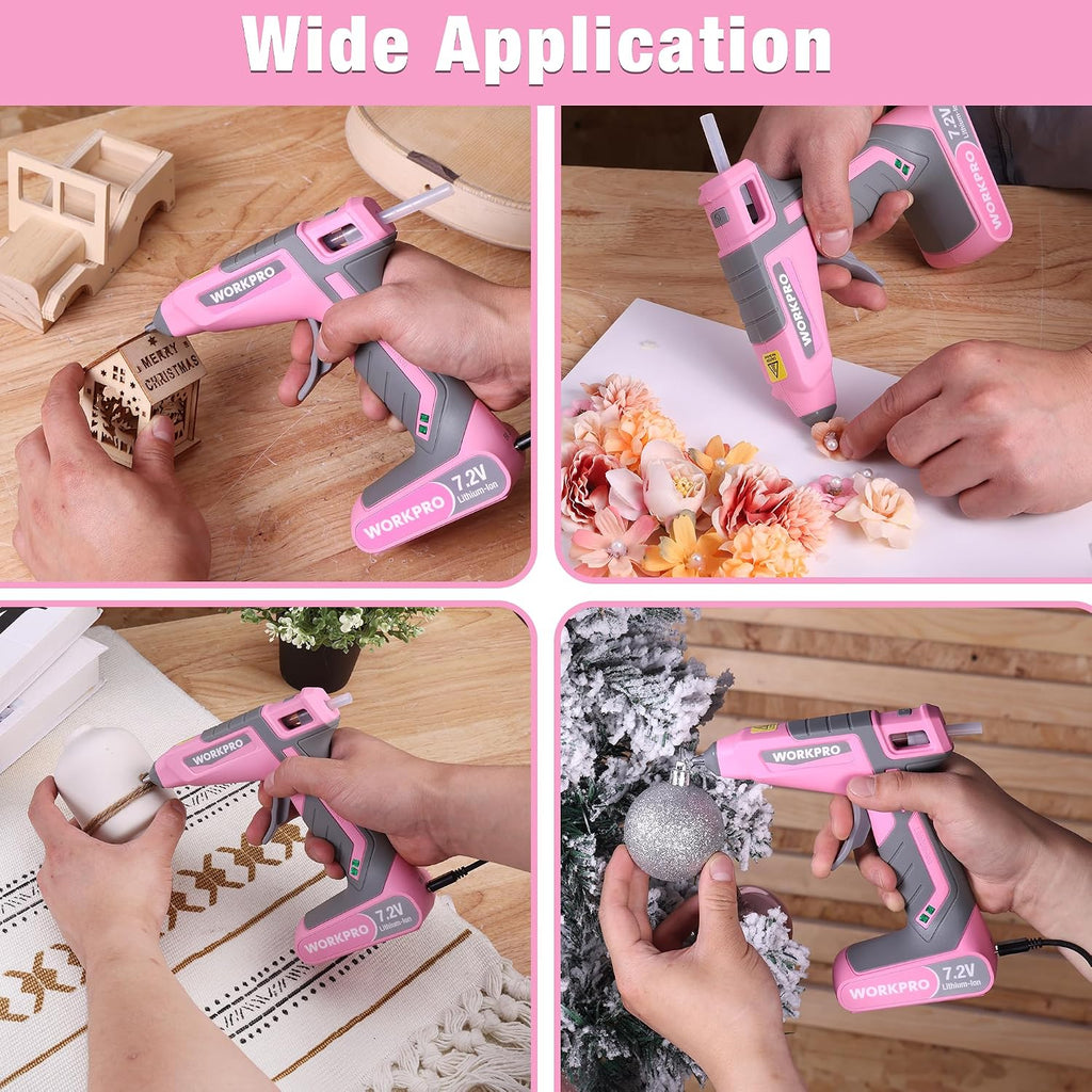 WORKPRO Pink Cordless Hot Melt Glue Gun with 20 Pcs Mini Glue Sticks