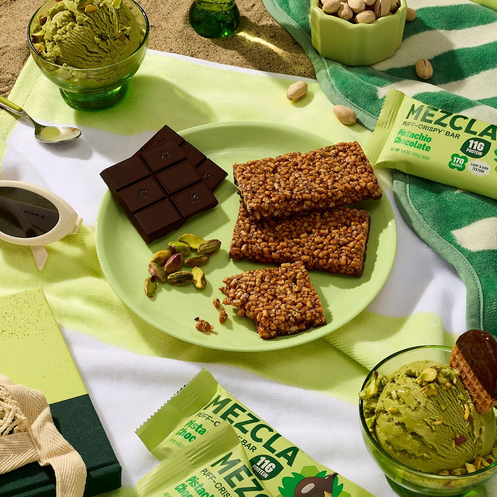 Mezcla Pistachio Chocolate Puff Crispy Vegan Bars, 11g Protein, 12 Bars