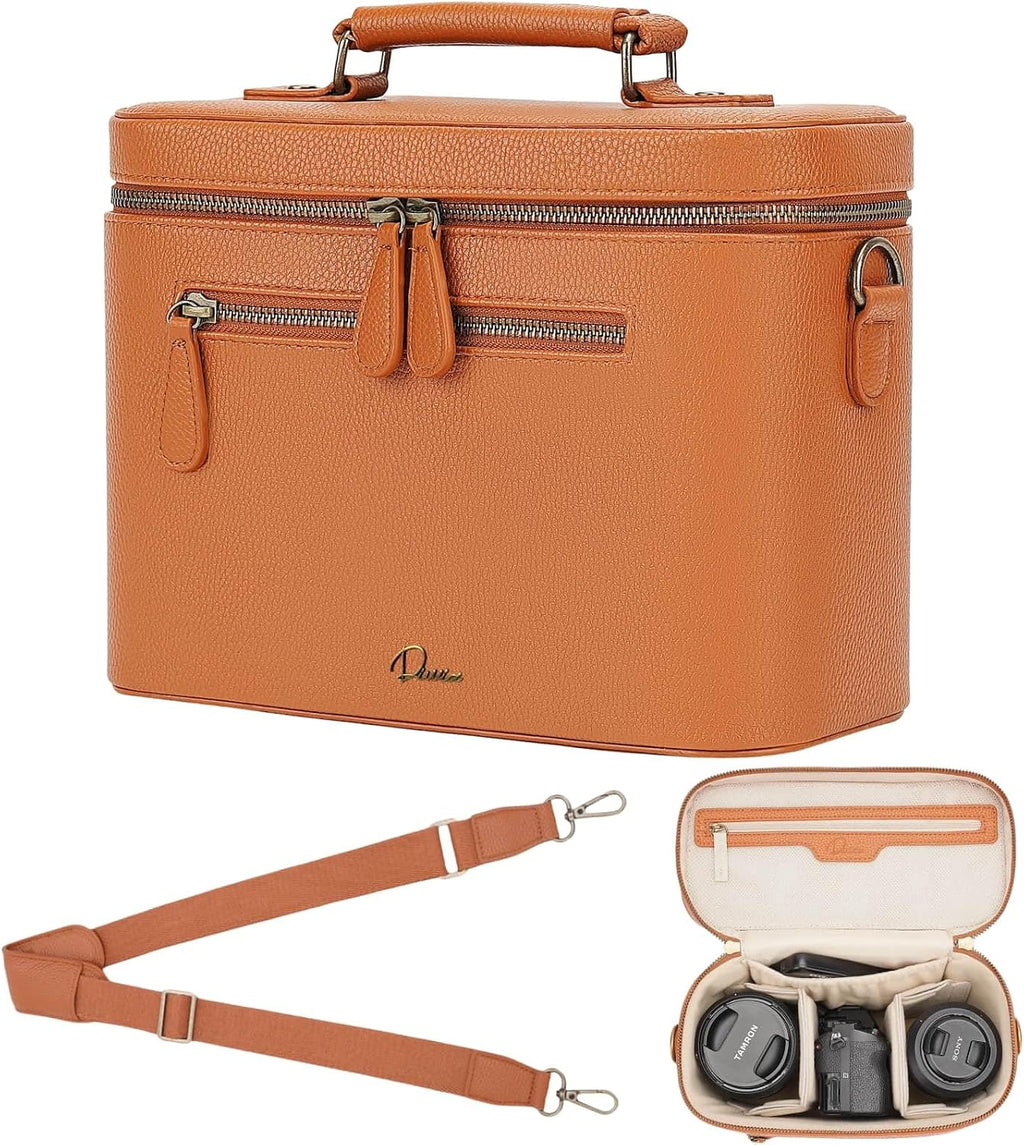 Camera Sling Bag, Waterproof PU Leather Crossbody Camera Case for Photographers, Small Shoulder Bag Compatible for Canon Nikon Sony (Brown)
