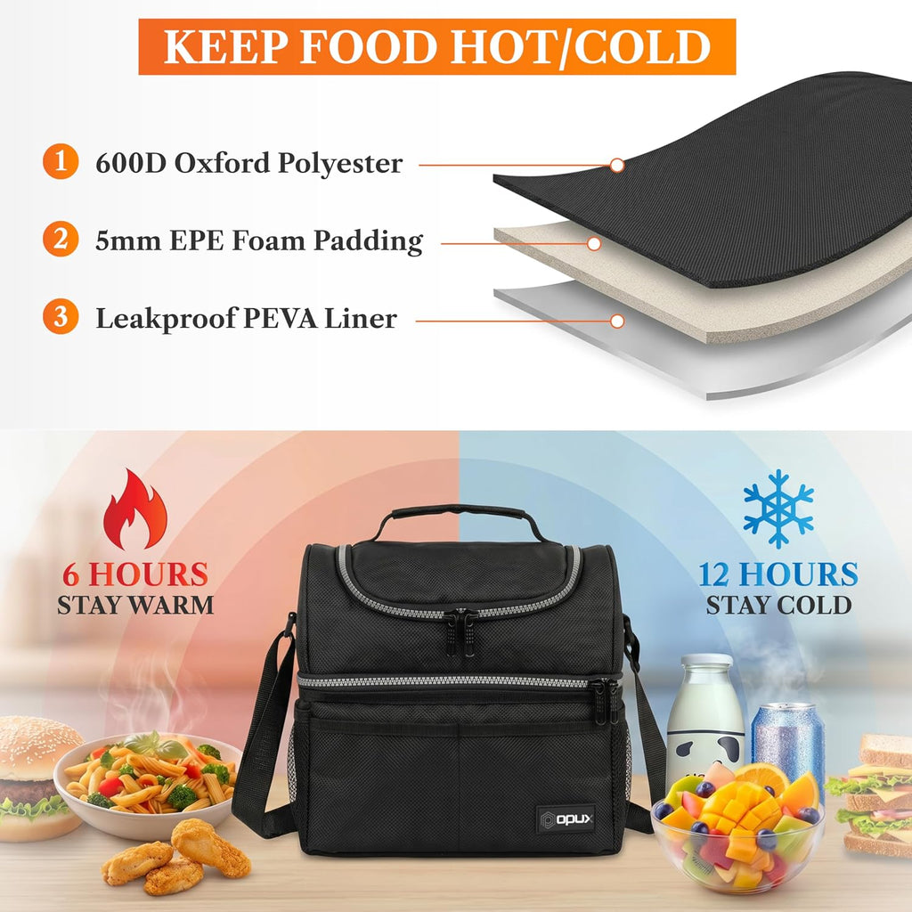 opux Insulated Lunch Bag for Men Women, Double Decker Leakproof, Black
