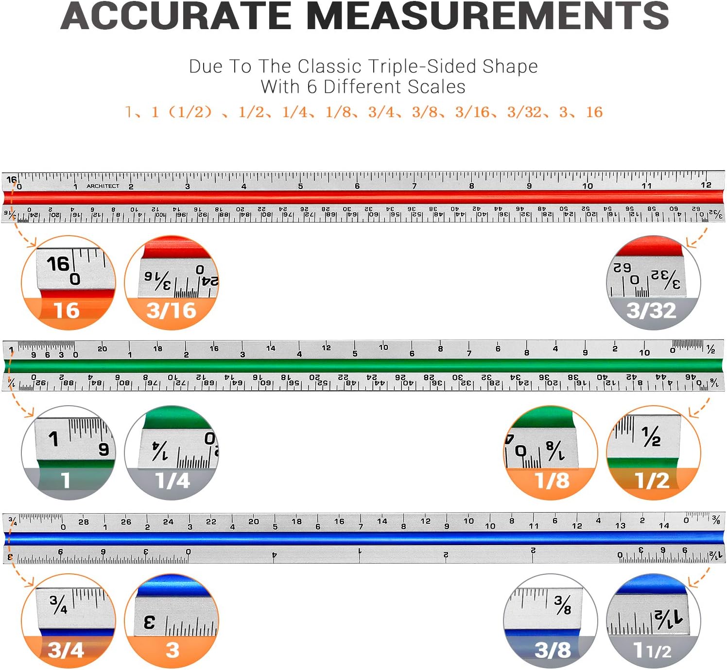 12" Architectural Scale Ruler Triangular Ruler, Color-Coded, 1 Pack