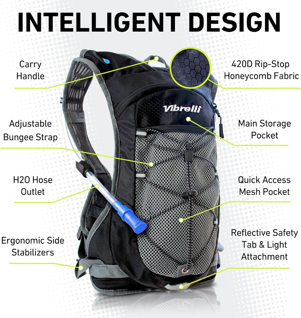 VibrelliVibrelli Hydration Backpack & 2L Hydration Bladder - High Flow Bite Valve - Hydration Pack for Cycling, Running, Hiking