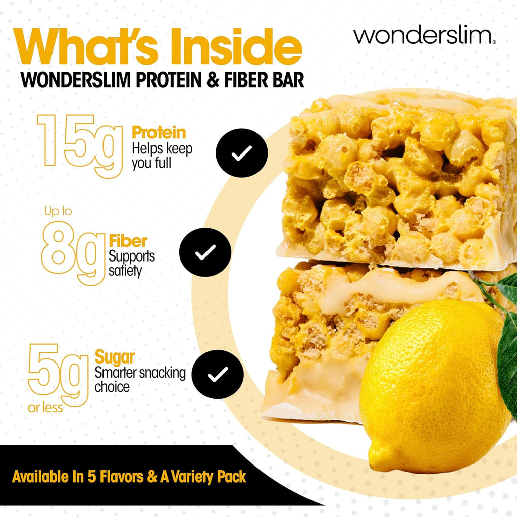 Wonderslim High Fiber Protein Bars, Low Calorie Snack – Fluffy Lemon, 7ct