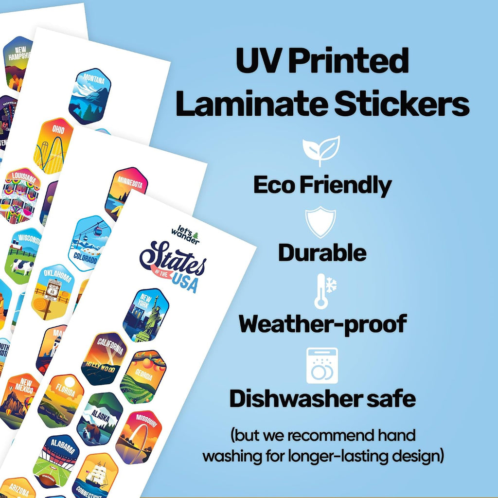 LET'S WANDER Lets Wander 50 States Water Bottle with Waterproof Stickers - 32oz Leakproof Insulated Stainless Steel with Straw - States of the USA Gift Bottle (Black)