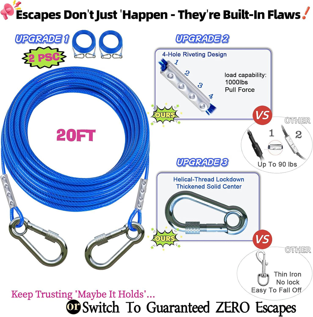 TOPKNOT Dog Tie Out Cable and Stake for Yard,with 2x20FT Heavy Duty Cables,360°Swivel Dog Run Anchor- No Tangle,Runner for Yard - Up to 200LBS,Ideal for Outdoor Camping