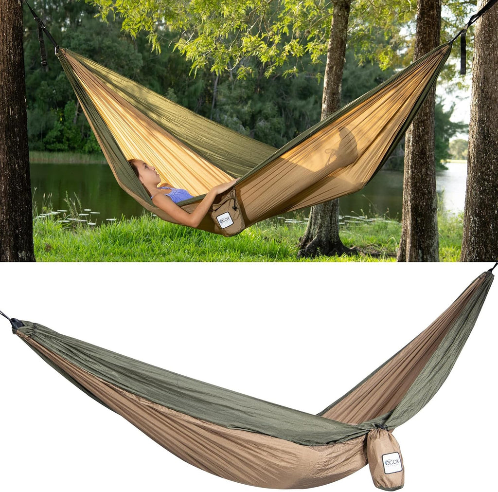 ecox Outdoors Parachute Hammock Single with 2 Tree Straps, Portable Lightweight Nylon Comfortable for Backpacking, Camping, Travel, Beach, Backyard, Patio, Hiking