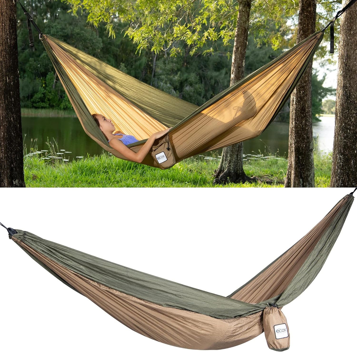 ecox Outdoors Parachute Hammock Single with 2 Tree Straps, Portable Lightweight Nylon Comfortable for Backpacking, Camping, Travel, Beach, Backyard, Patio, Hiking