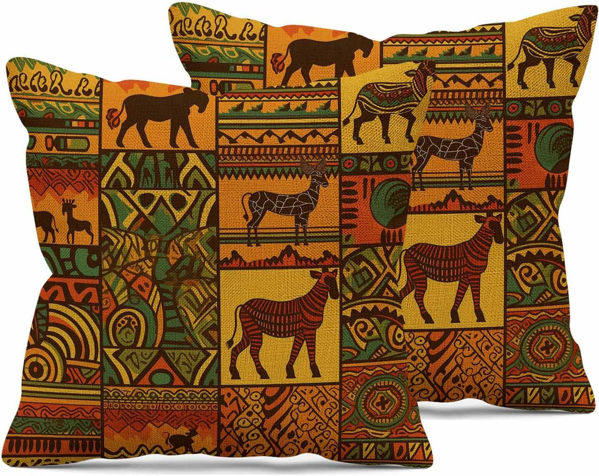 African Pattern Throw Pillow Covers Tribal Elements with Animal Silhouettes Throw Pillow Covers 18"x 18" Set of 2 for Living Room Couch Bed Sofa Home Decor Soft Cushion Case
