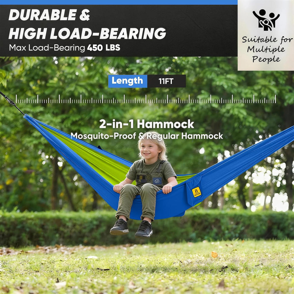 Small Camping Hammock with Mosquito Net, 450 lbs Portable Hammock with Tree Straps, 2-in-1 Double/Single Travel Hammocks, Hammock for Outside/Indoor/Backpacking/Beach - Lake Blue & Green