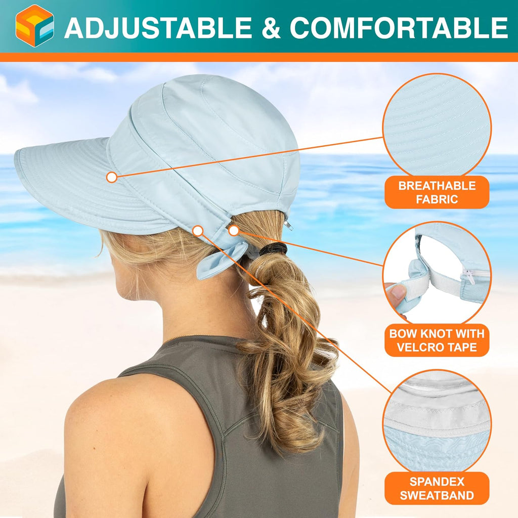 SUN CUBE Womens Sun Hat UV Protection Wide Brim Zip-Off Golf Visor