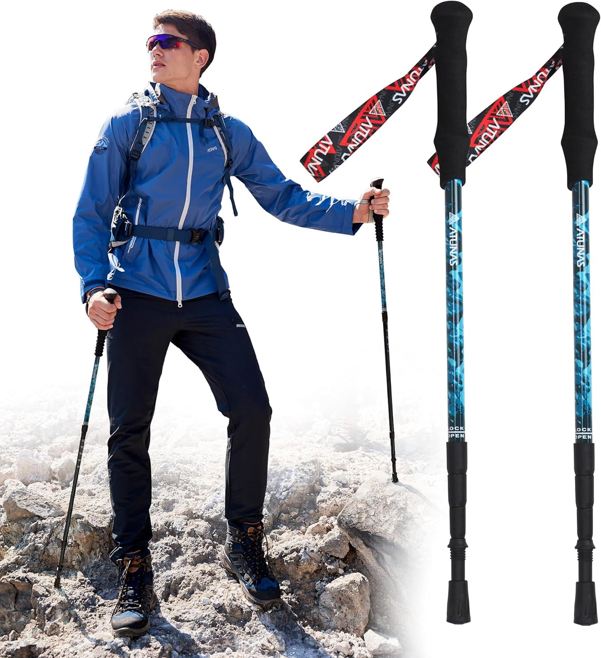 ATUNAS Trekking Poles, 2-Pack Lightweight Aluminum Collapsible Hiking Sticks with EVA Grip and Quick Lock for Men and Women