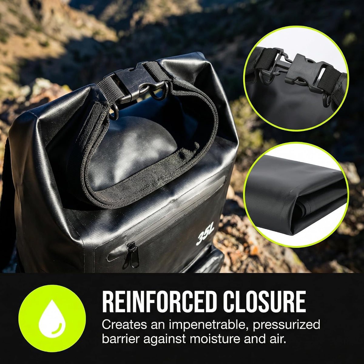 Greencity 100% Waterproof Roll-Top Dry Bag Backpack with Front Splash-Proof Pocket, Lightweight Floating Pack for Kayaking, Hiking & Travel,35L (Black)
