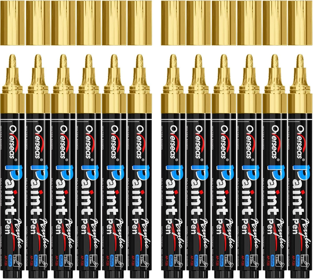 Overseas 12 Pack Gold Acrylic Paint Pens Permanent Markers, Medium Tip