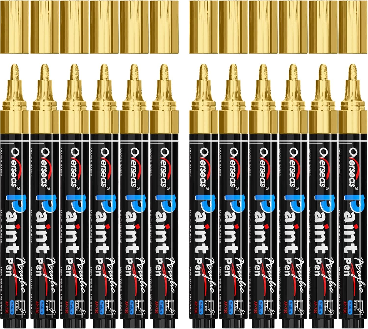 Overseas 12 Pack Gold Acrylic Paint Pens Permanent Markers, Medium Tip